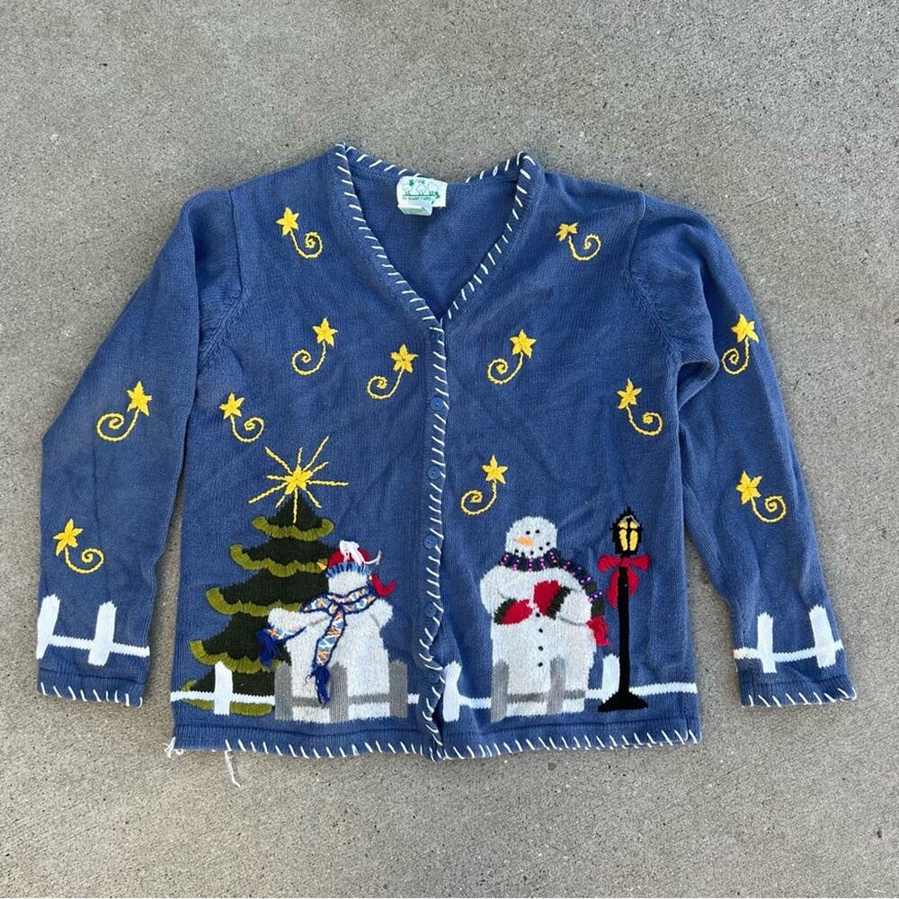 90s Quacker Factory embroidered snowman winter ugly Christmas cardigan sweater